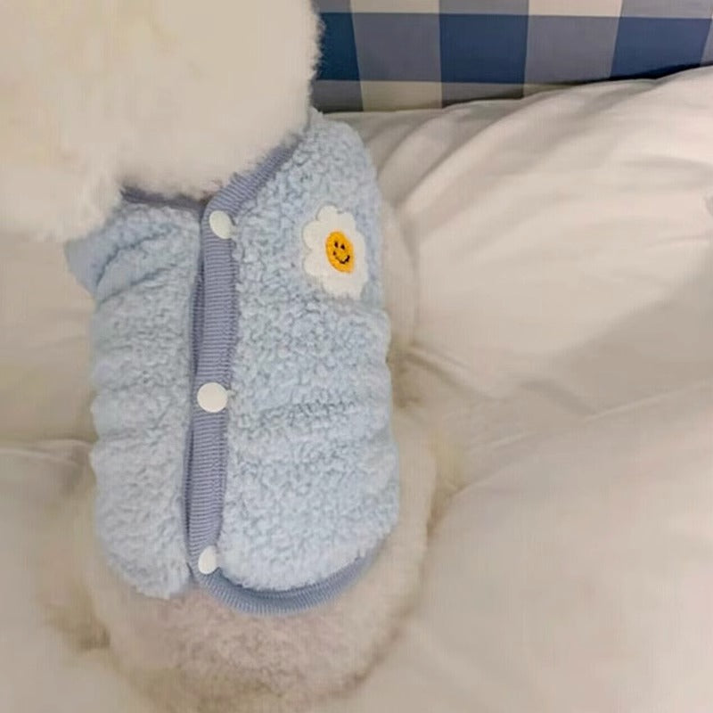 Cute macaron-colored sunflower vest fleece for dogs in autumn and winter, warm two-legged pet dog clothes